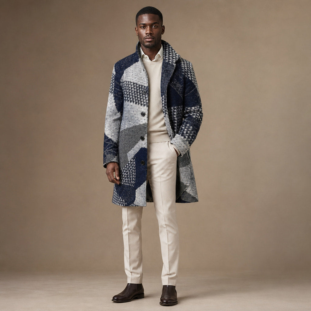 Long Coat Button Front Tailored Fit Dark Blue – Product Photo