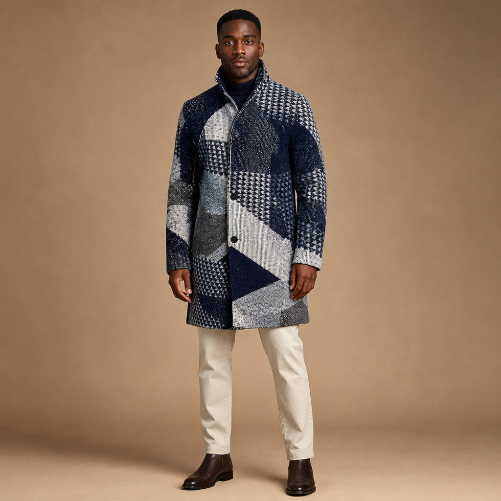 Long Coat Button Front Tailored Fit in Dark Blue – Tomosino Premium Menswear