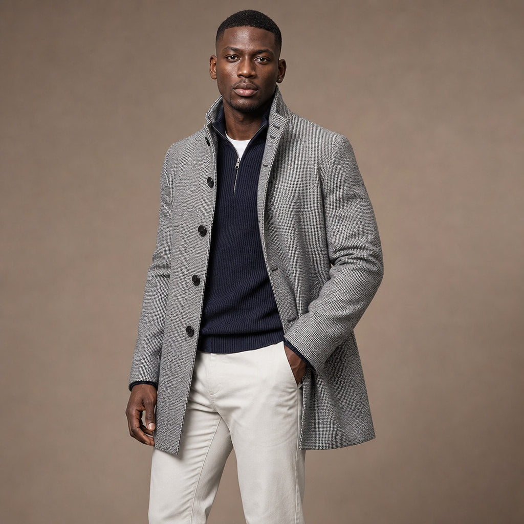 Long Coat Button Front Tailored Fit Light Gray – Side Angle View