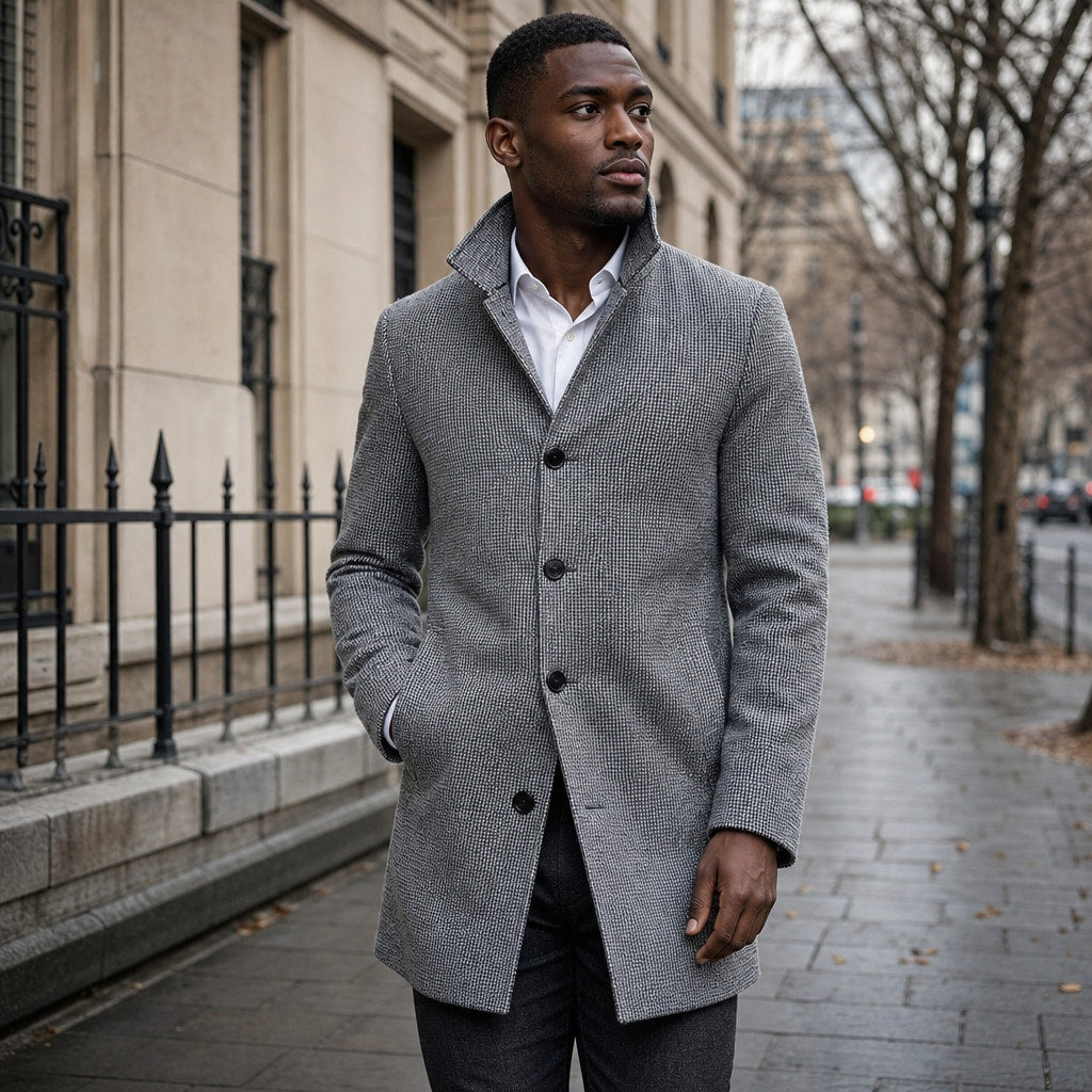 Long Coat Button Front Tailored Fit Light Gray – Styled Editorial Shot
