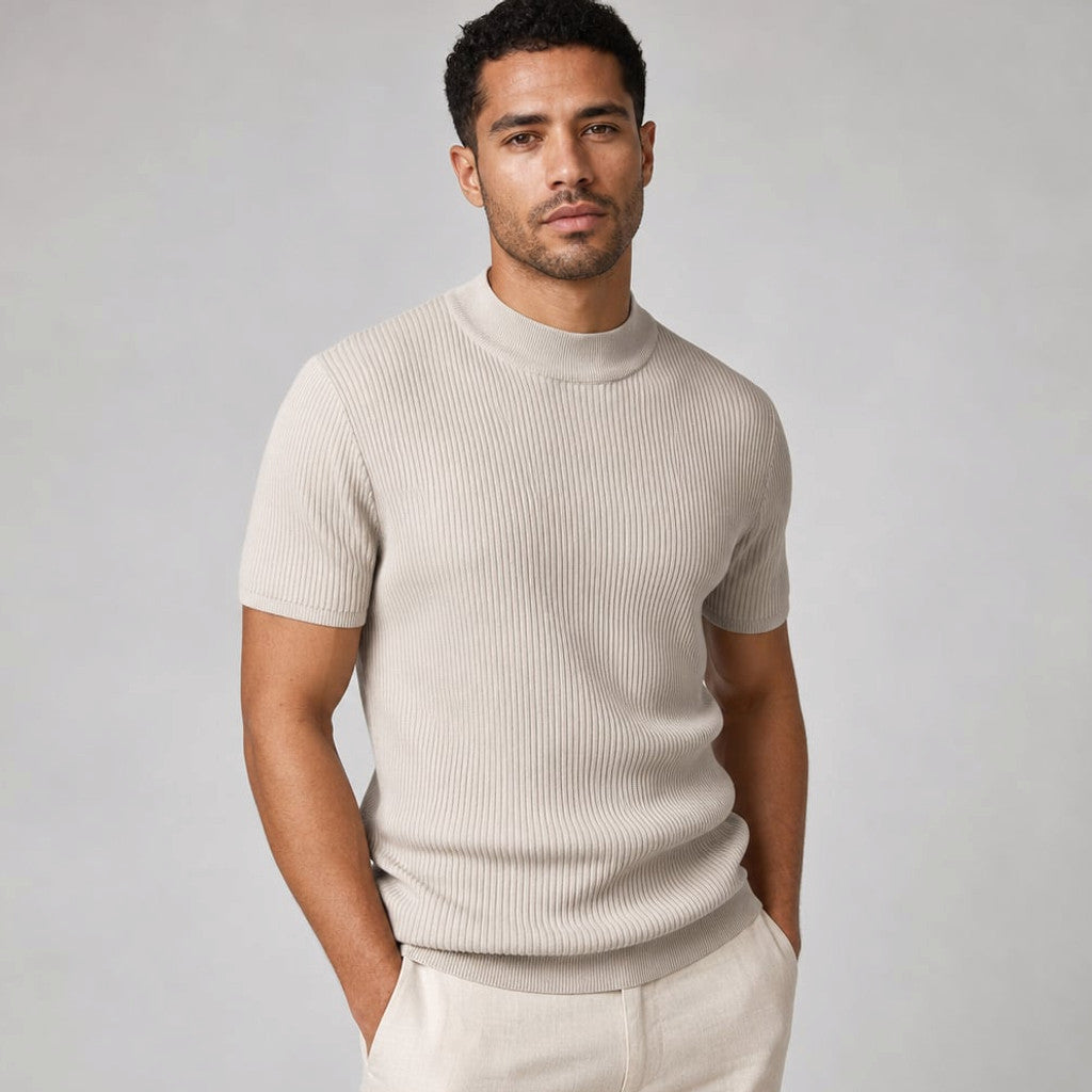 Colvax | Fit Shirt Mock Neck Ribbed Knit Viscose Blend Beige – Side Angle View