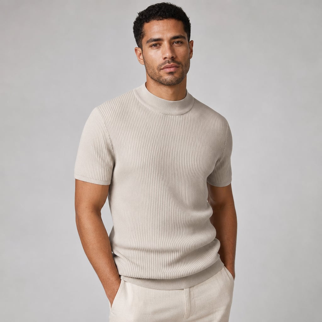 Colvax | Fit Shirt Mock Neck Ribbed Knit Viscose Blend Beige – Side Angle View