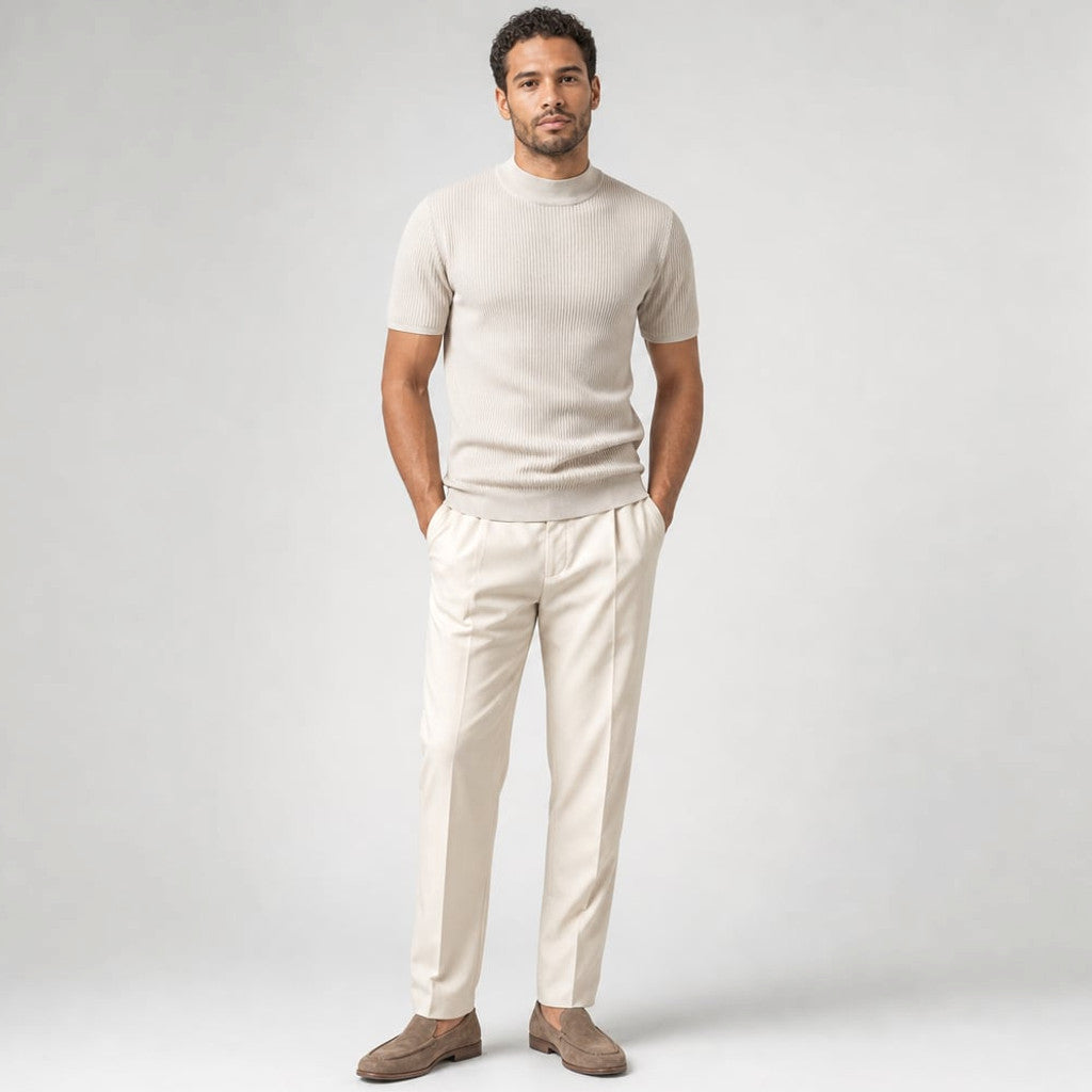 Colvax | Fit Shirt Mock Neck Ribbed Knit Viscose Blend Beige – Full Look