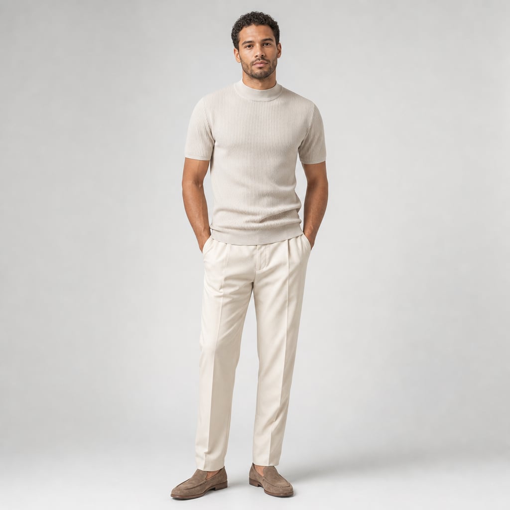 Colvax | Fit Shirt Mock Neck Ribbed Knit Viscose Blend Beige – Full Look