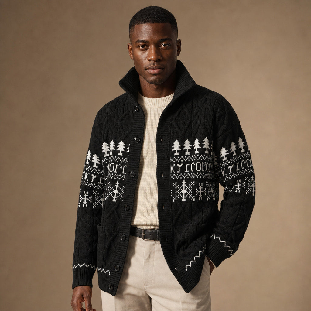 Knitted Jacket Nordic Pattern Full Zip Black – Product Photo