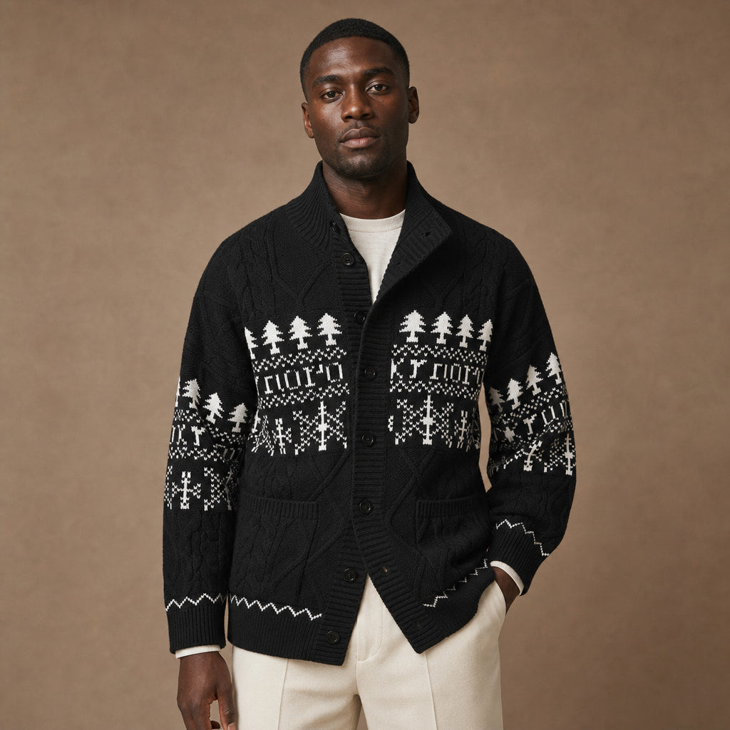 Knitted Jacket Nordic Pattern Full Zip in Black – Tomosino Premium Menswear