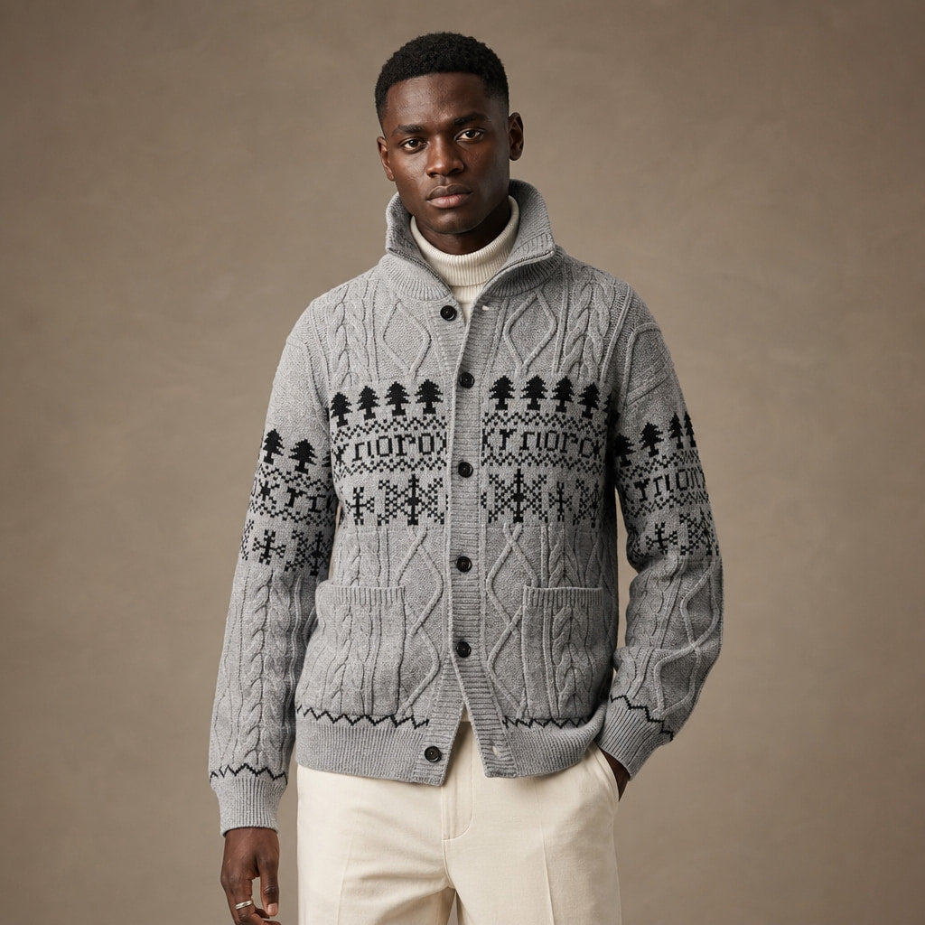 Knitted Jacket Nordic Pattern Full Zip in Grey – Tomosino Premium Menswear