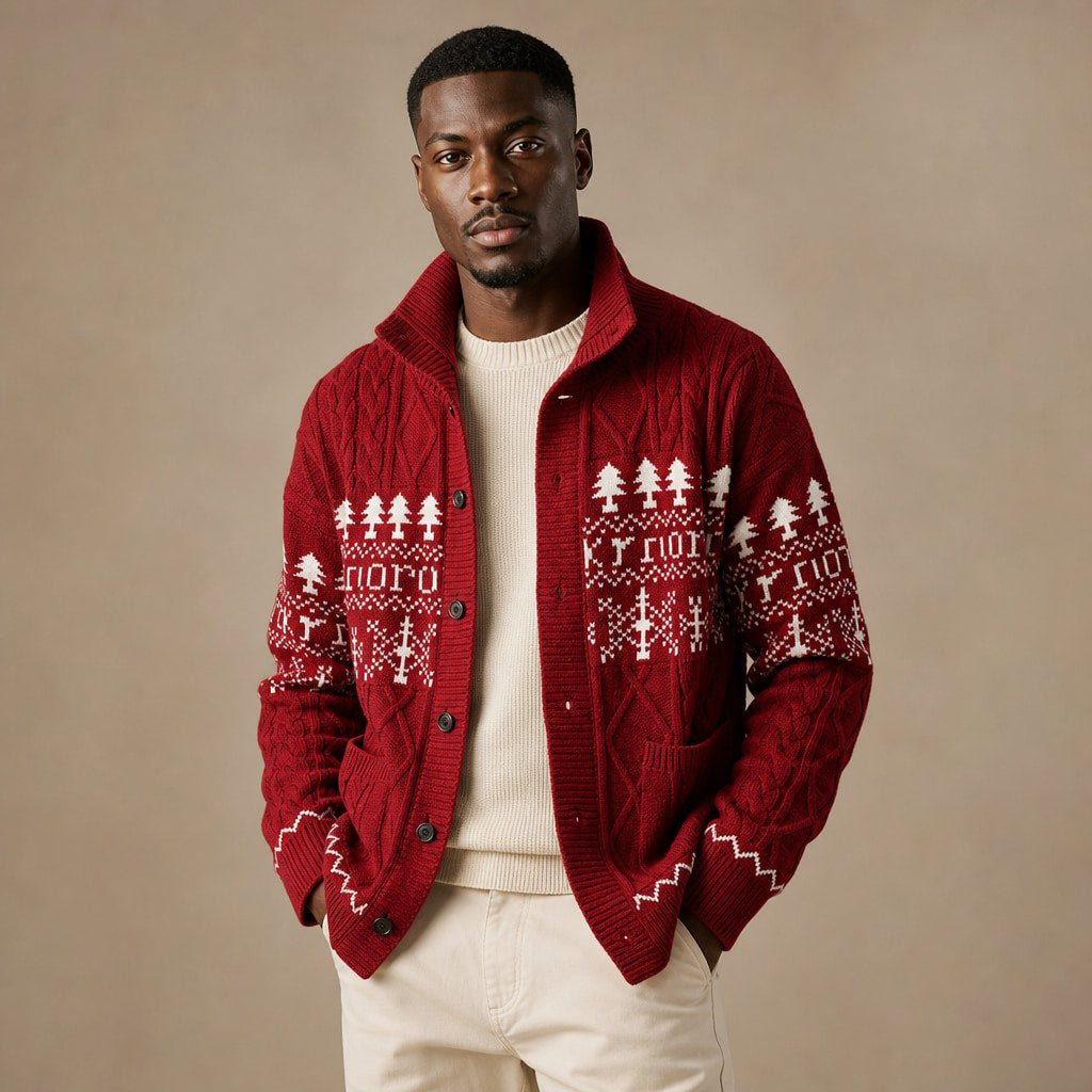 Knitted Jacket Nordic Pattern Full Zip Red – Product Photo