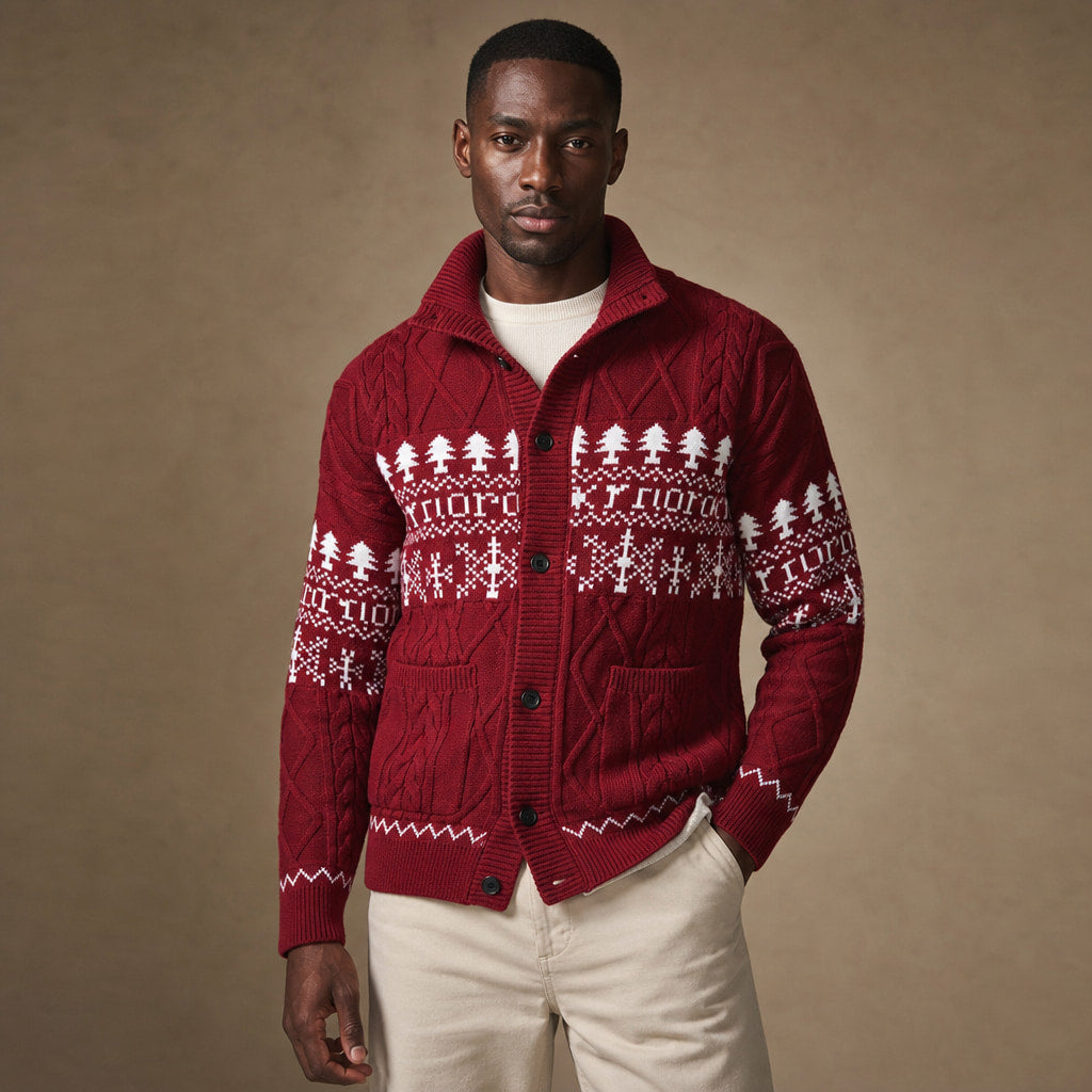 Knitted Jacket Nordic Pattern Full Zip in Red – Tomosino Premium Menswear