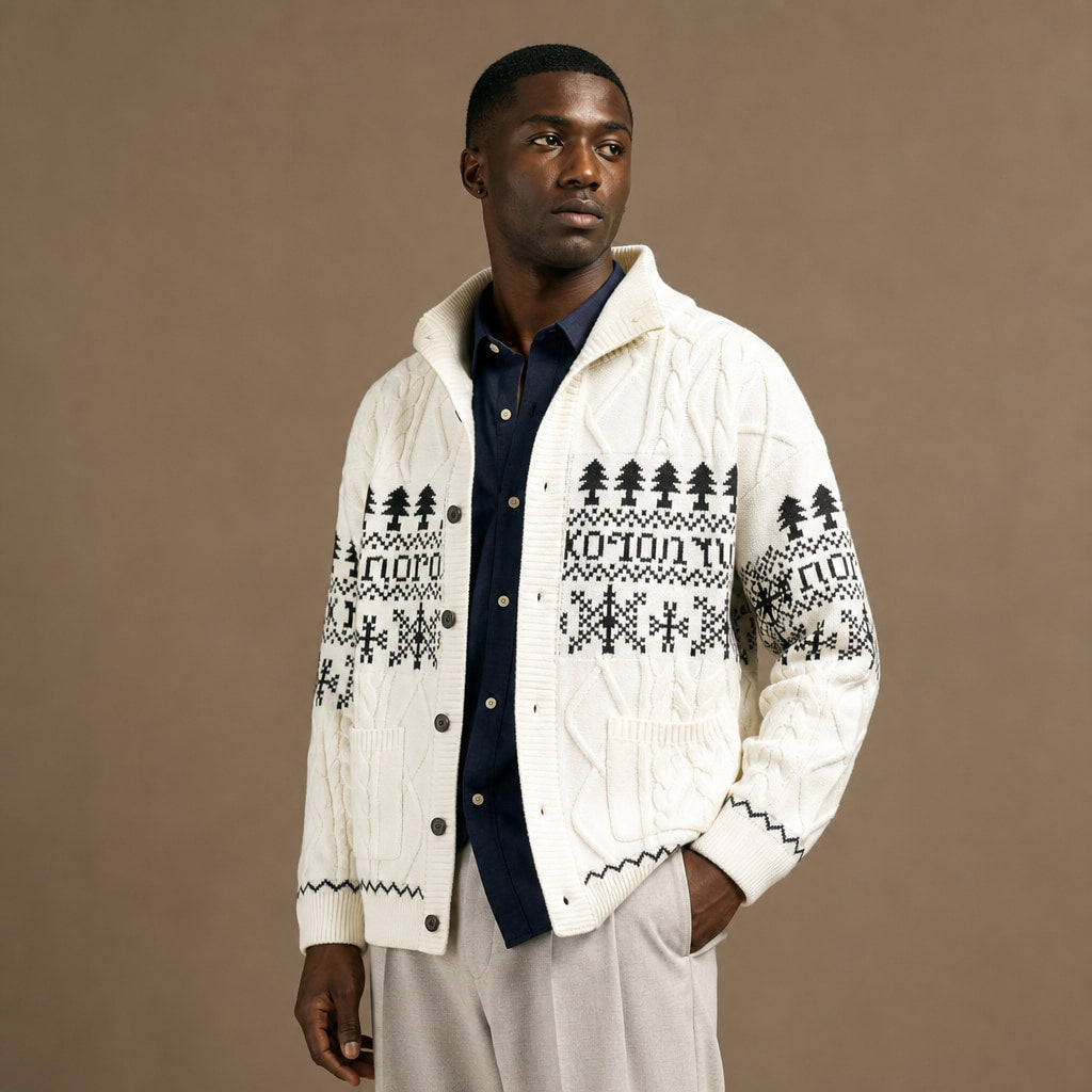 Knitted Jacket Nordic Pattern Full Zip White – Side Angle View