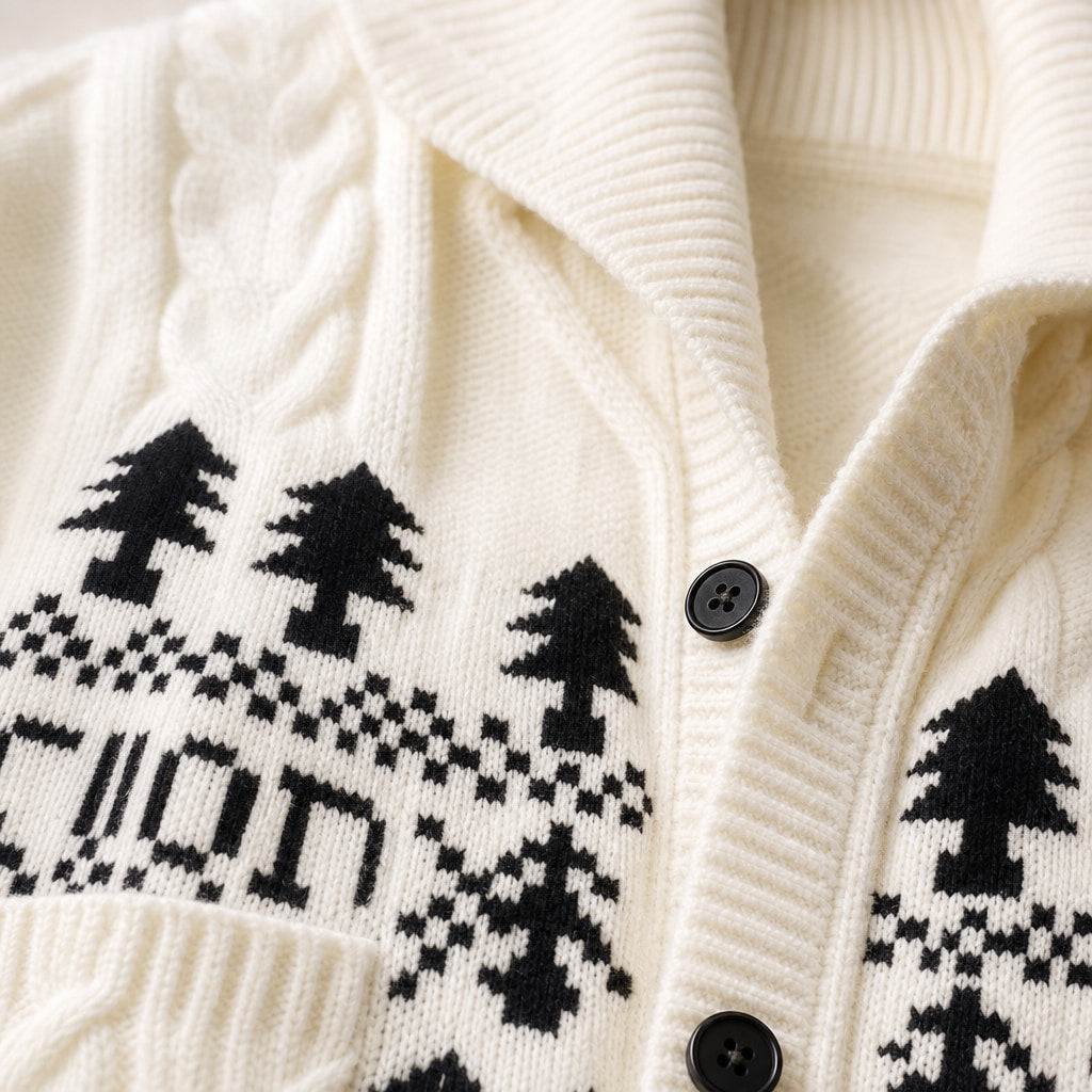 Knitted Jacket Nordic Pattern Full Zip White – Fabric and Detail Close-Up