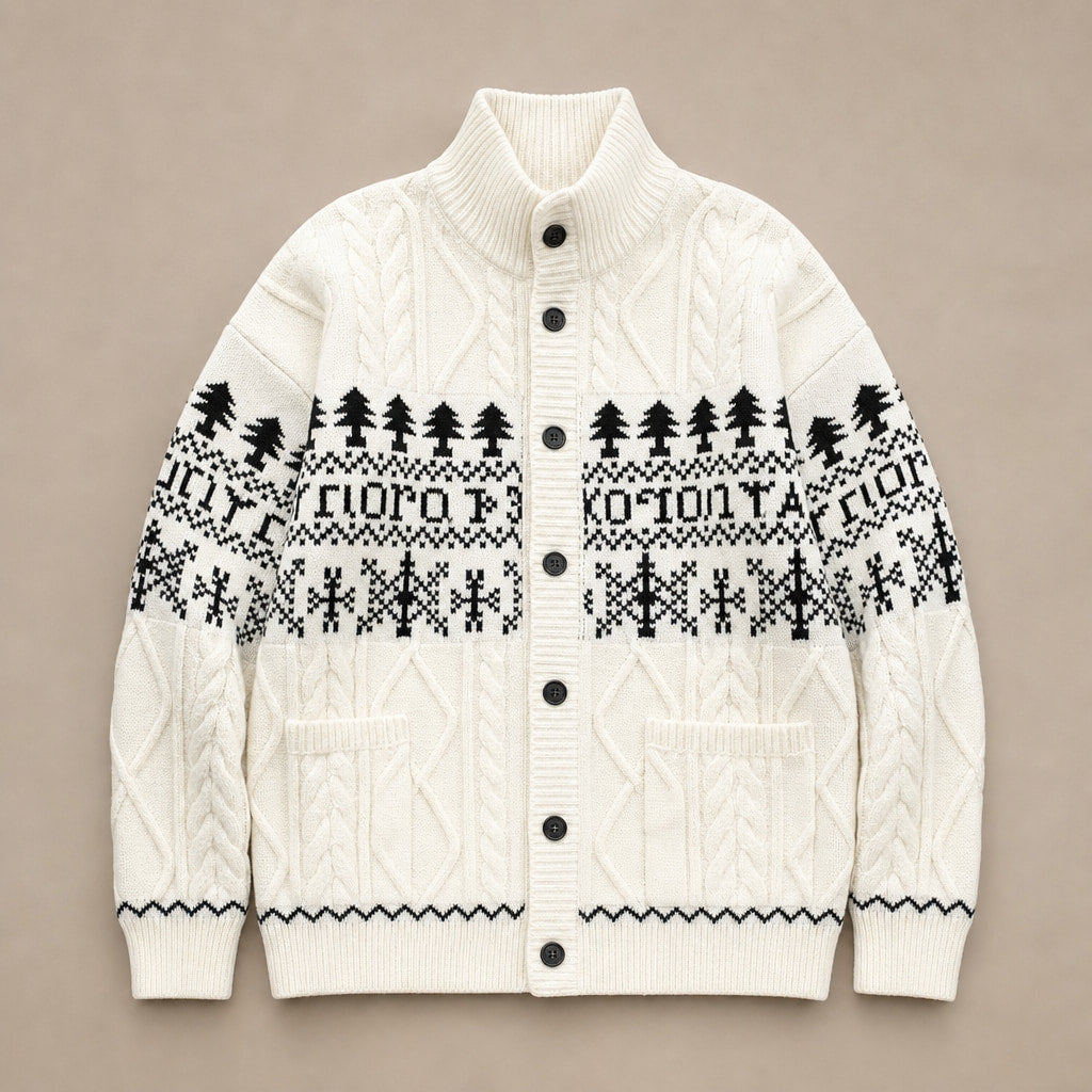 Knitted Jacket Nordic Pattern Full Zip White – Flat Lay Product Photo