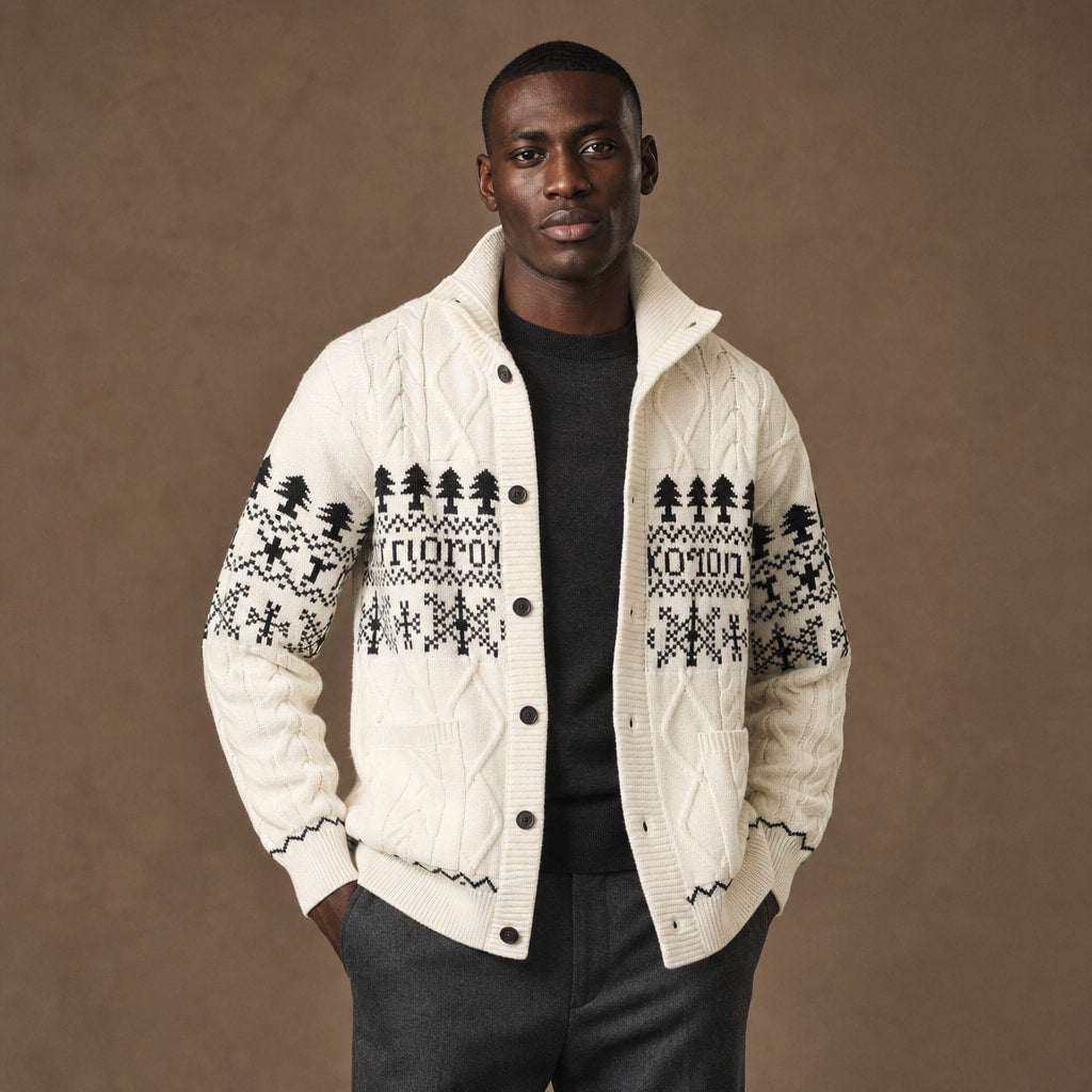 Knitted Jacket Nordic Pattern Full Zip White – Product Photo