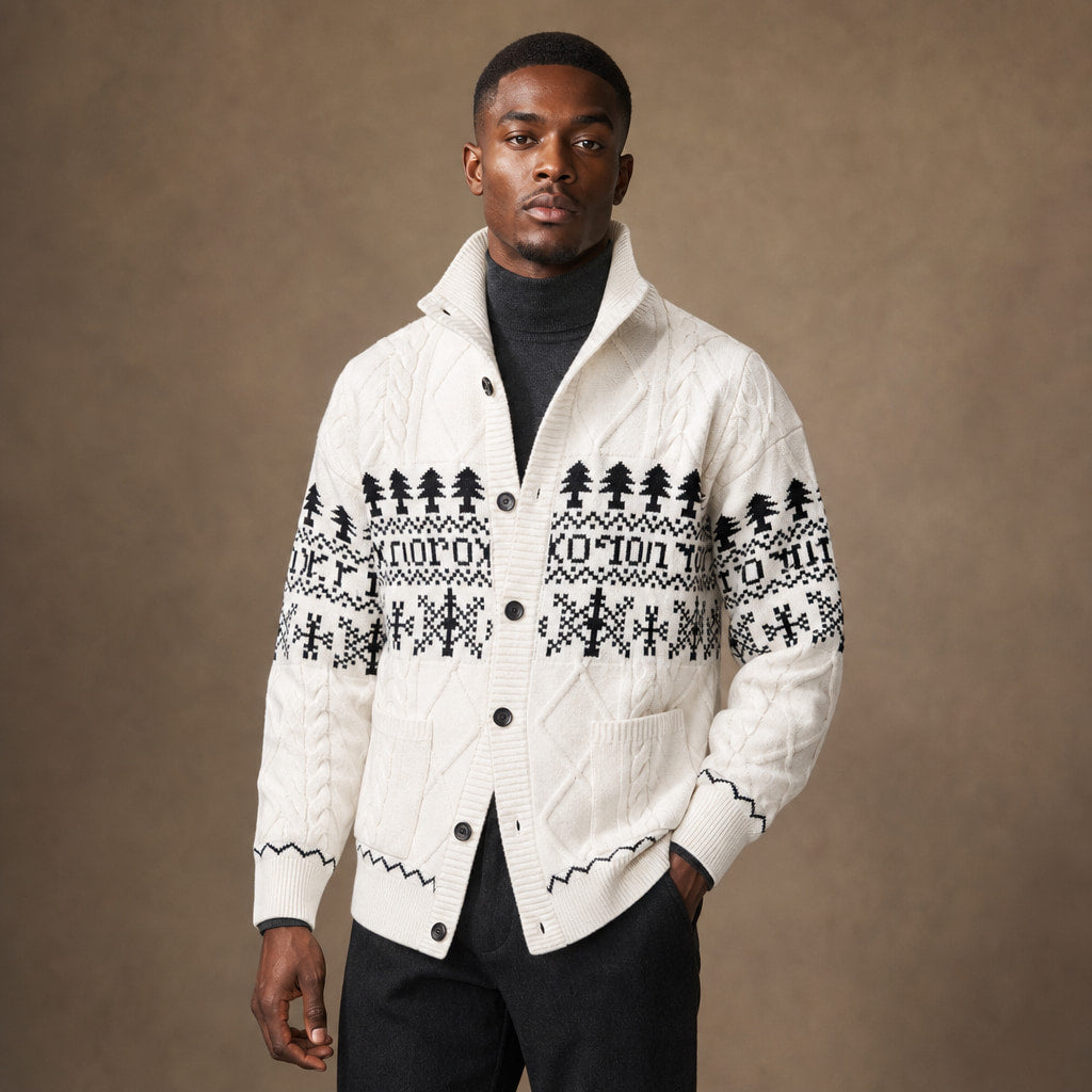 Knitted Jacket Nordic Pattern Full Zip in White – Tomosino Premium Menswear