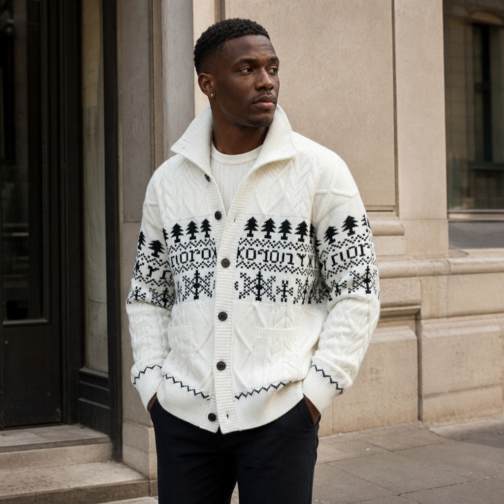 Knitted Jacket Nordic Pattern Full Zip White – Styled Editorial Shot