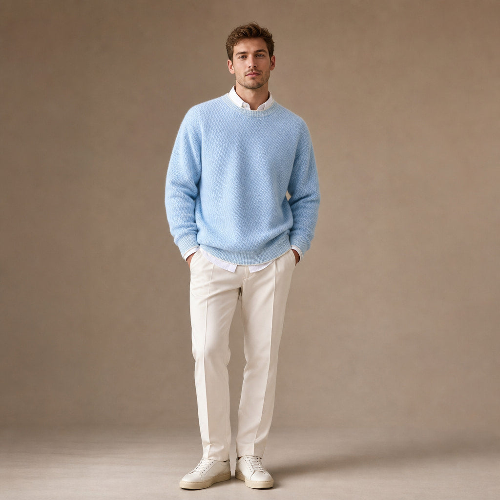 Cashmere Knit Jumper Diamond Texture Sky Blue – Full Look