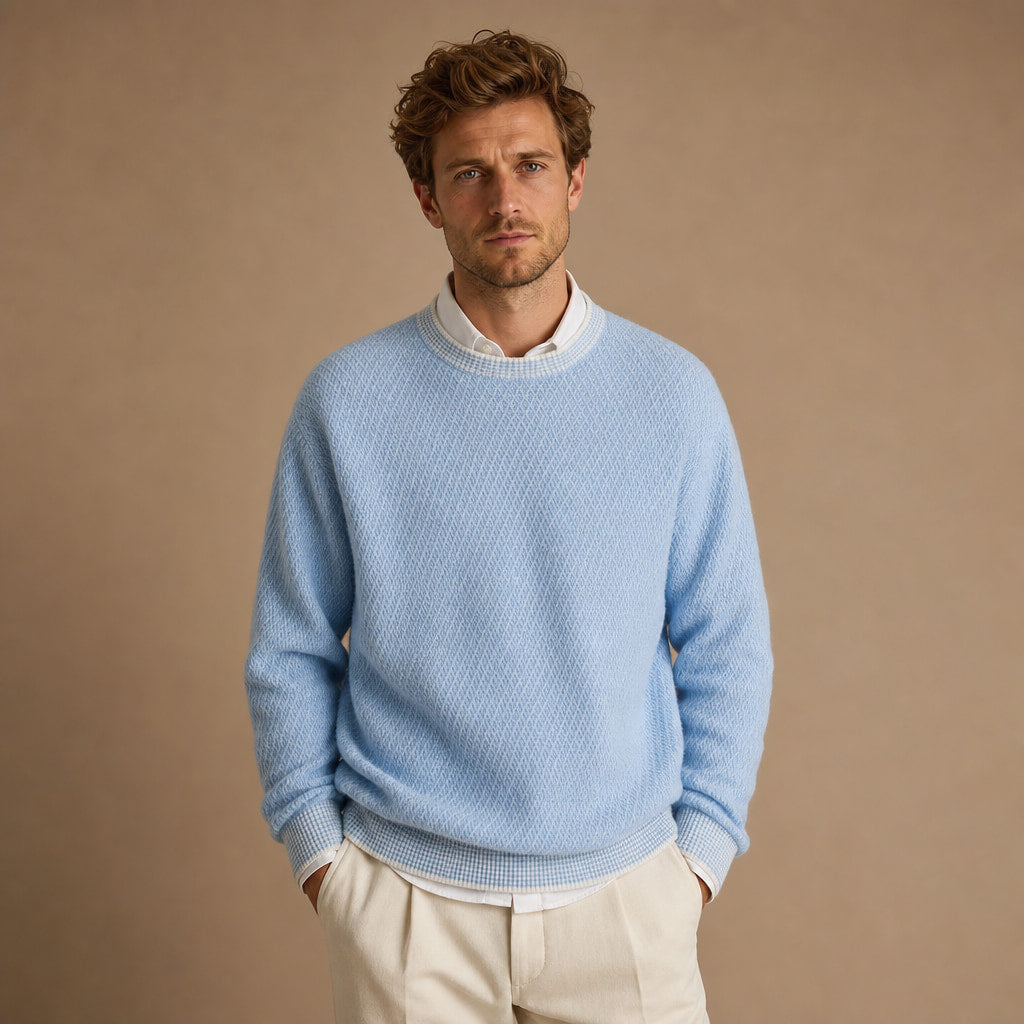 Cashmere Knit Jumper Diamond Texture in Sky Blue – Tomosino Premium Menswear