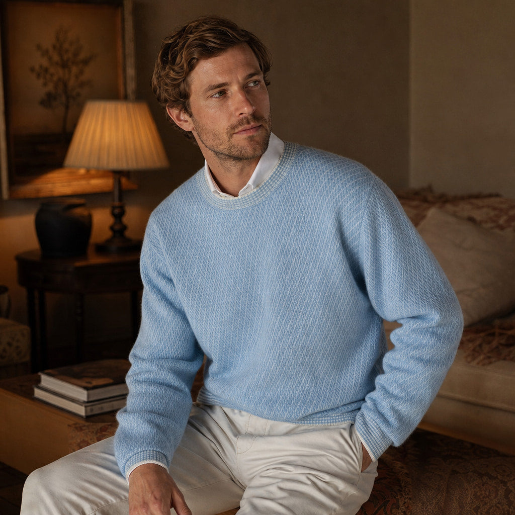 Cashmere Knit Jumper Diamond Texture Sky Blue – Styled Editorial Shot