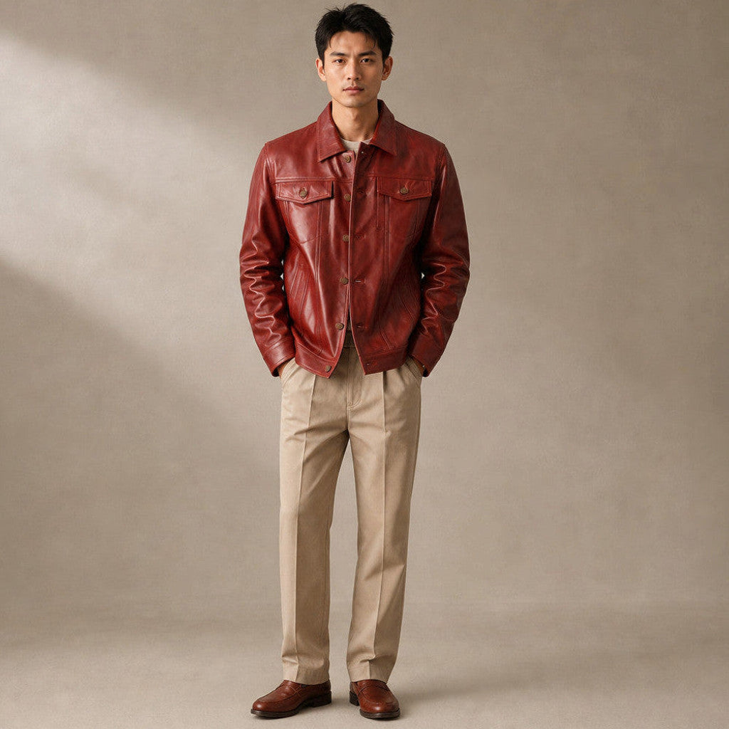 Man wearing red leather trucker jacket over a crewneck with dark denim
