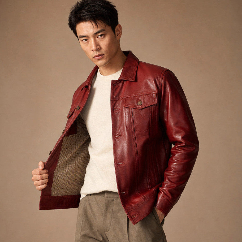 Conway | Leather Trucker Jacket Snap Front Red – Product Photo