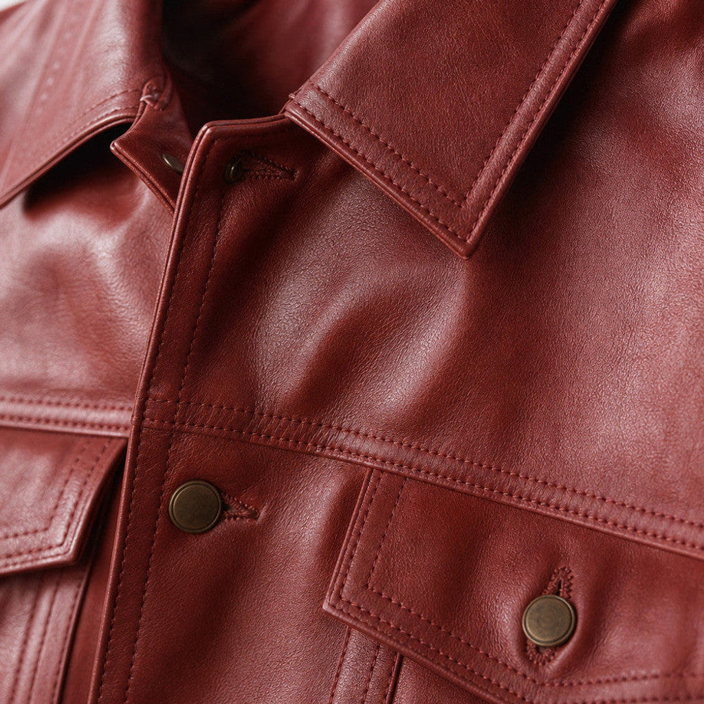 Conway | Leather Trucker Jacket Snap Front Red – Product Photo