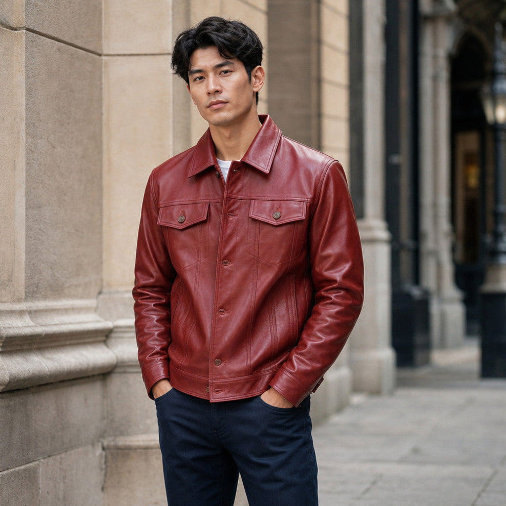 Conway | Leather Trucker Jacket Snap Front Red – Product Photo