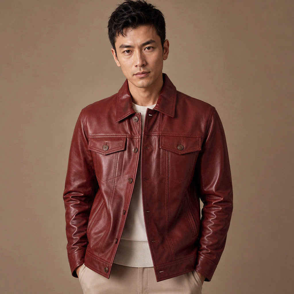 Red sheepskin leather trucker jacket with snap front and shirt collar