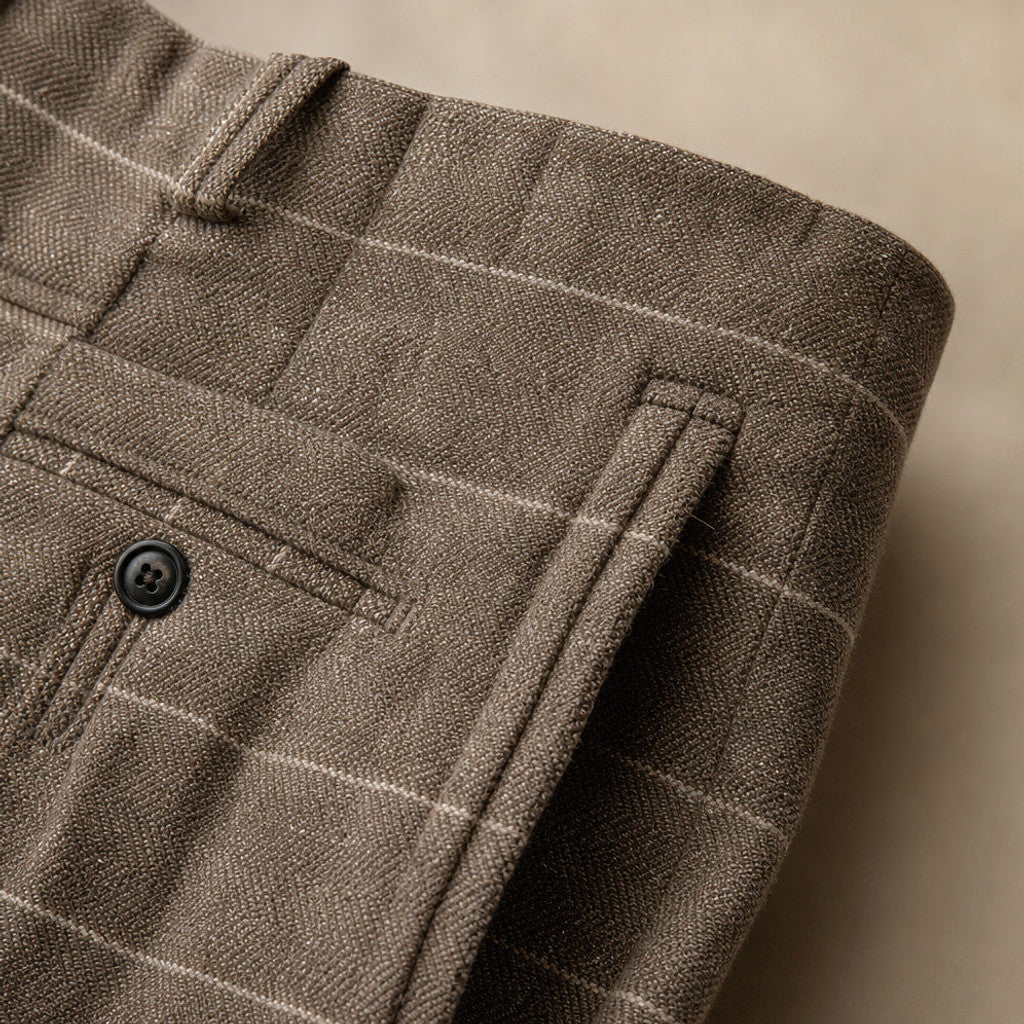 Corbyn | Dress Pant Plaid Tweed Khaki – Fabric and Detail Close-Up