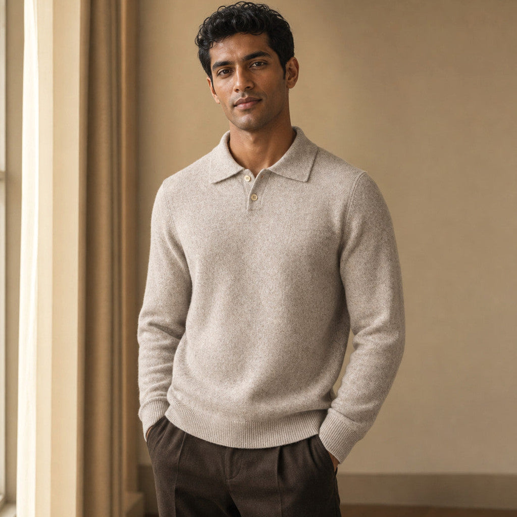 Cordell | Knit Polo Shirts with Tipped Collar Oat – Styled Editorial Shot