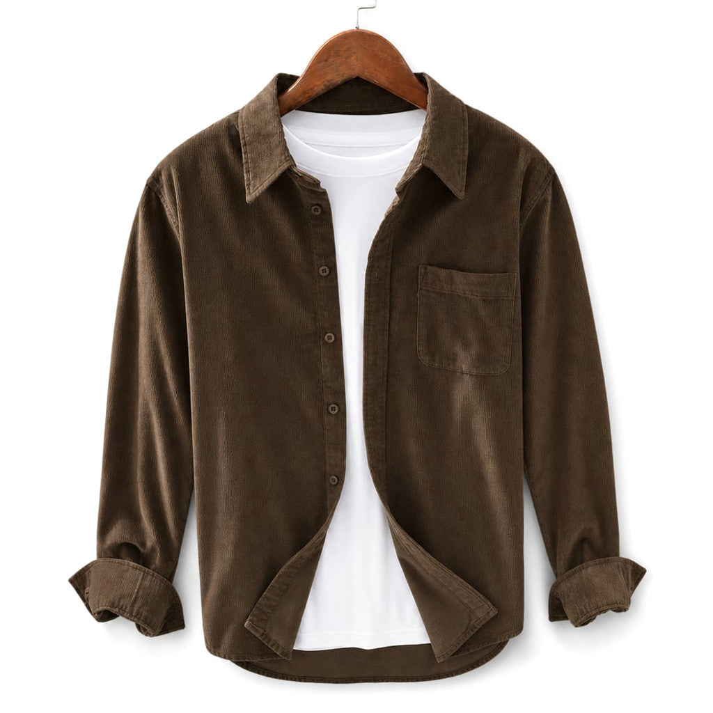 Corduroy-Style Ribbed Button-Front Shirt Long Sleeve Pointed Collar Brown – Product Photo
