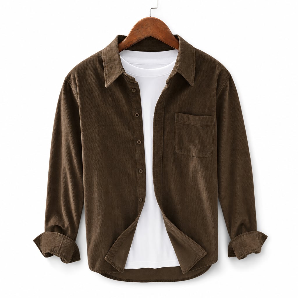 Corduroy-Style Ribbed Button-Front Shirt Long Sleeve Pointed Collar Brown – Product Photo