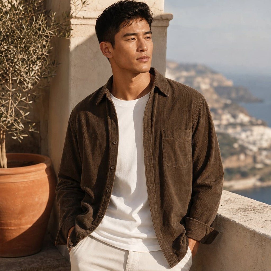 Corduroy-Style Ribbed Button-Front Shirt Long Sleeve Pointed Collar Brown – Styled Editorial Shot