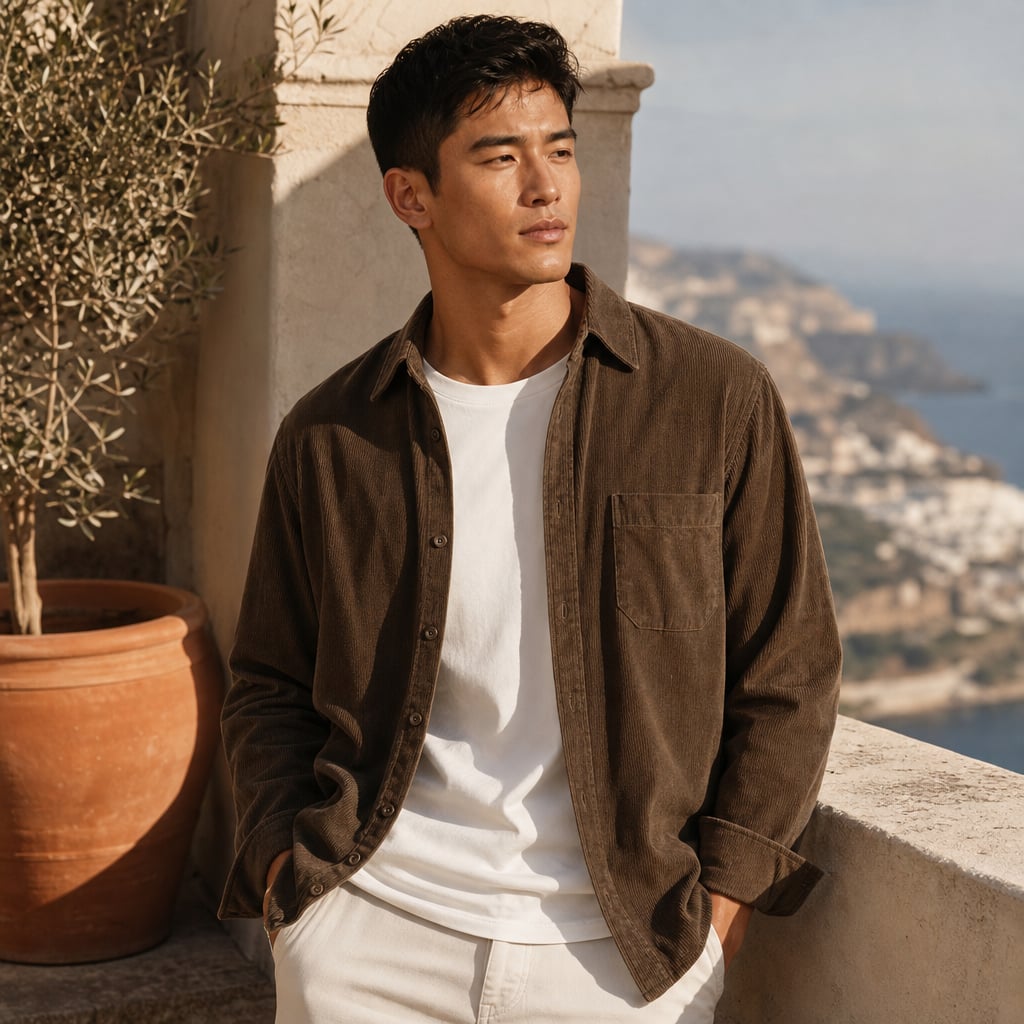 Corduroy-Style Ribbed Button-Front Shirt Long Sleeve Pointed Collar Brown – Styled Editorial Shot