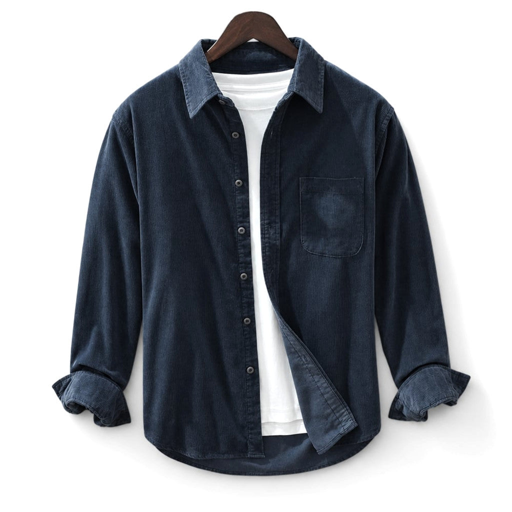 Corduroy-Style Ribbed Button-Front Shirt Long Sleeve Pointed Collar Dark Blue – Product Photo