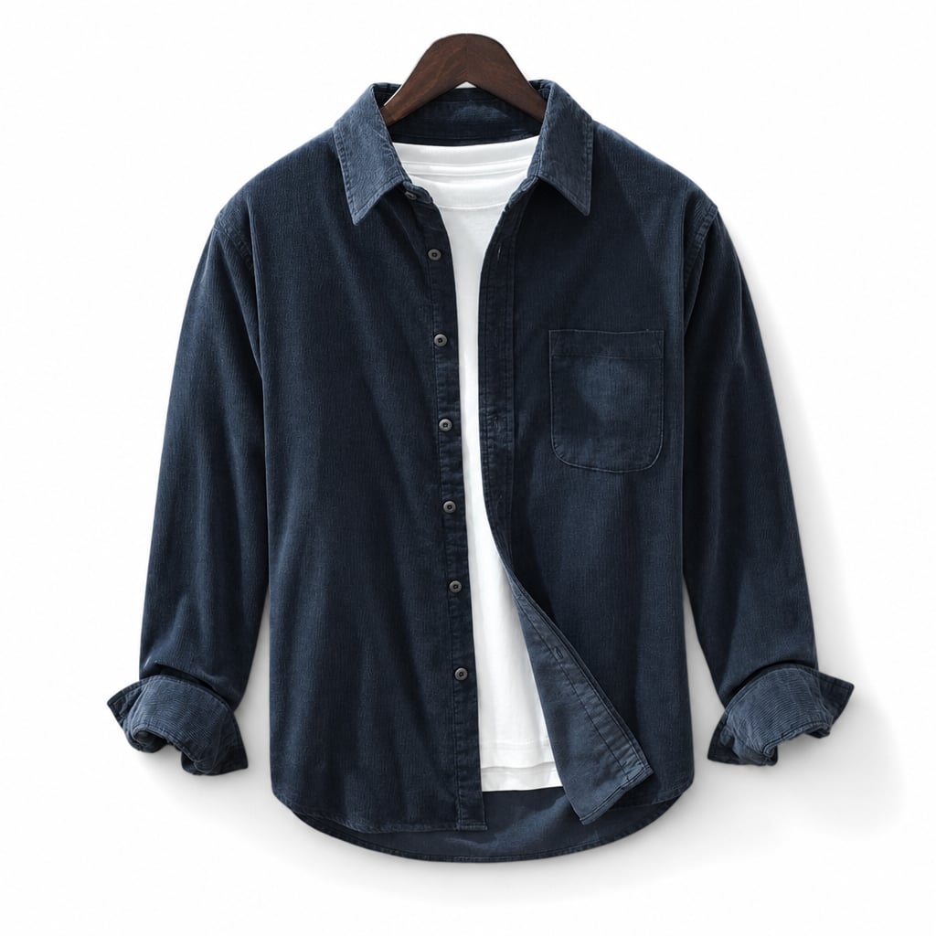 Corduroy-Style Ribbed Button-Front Shirt Long Sleeve Pointed Collar Dark Blue – Product Photo