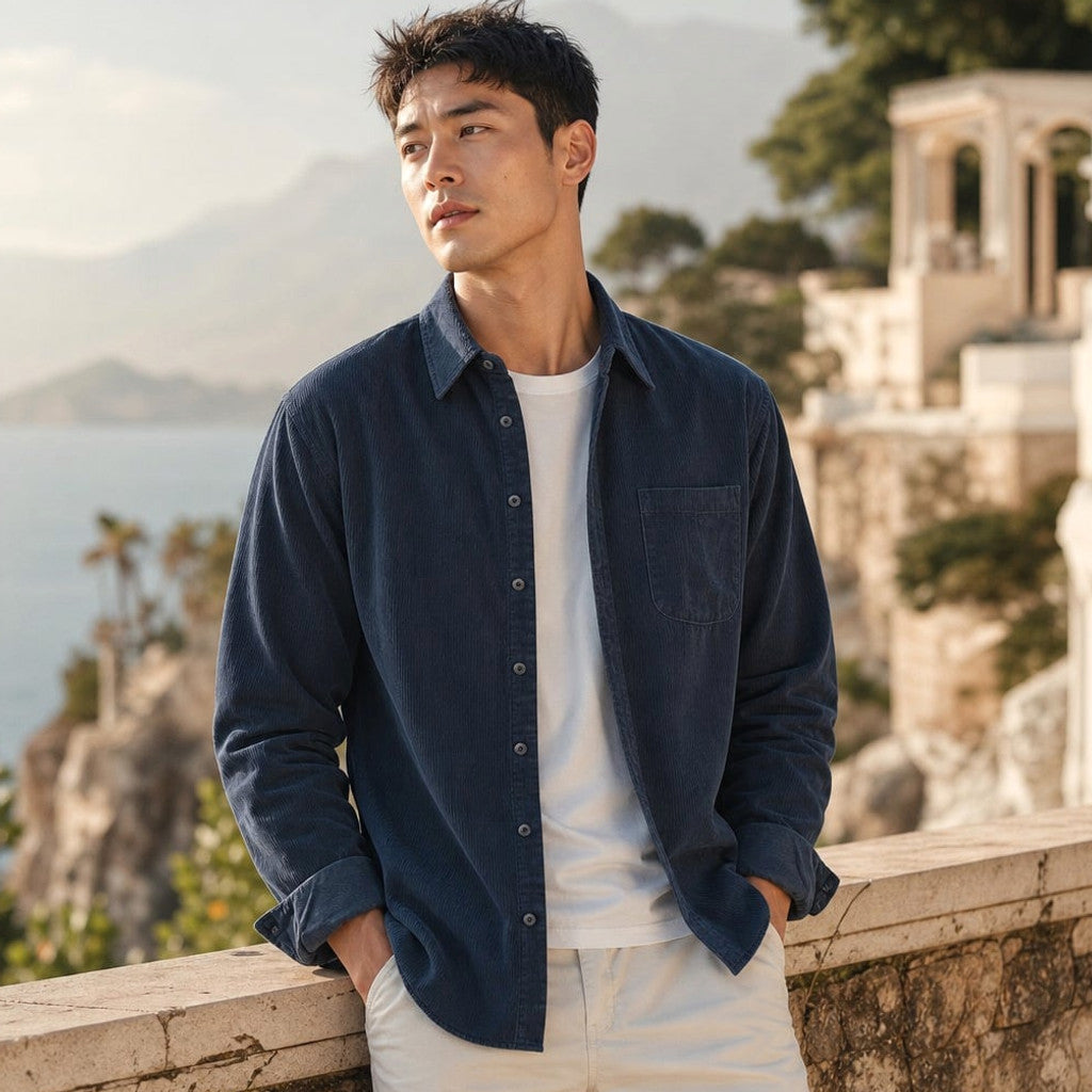 Corduroy-Style Ribbed Button-Front Shirt Long Sleeve Pointed Collar Dark Blue – Styled Editorial Shot