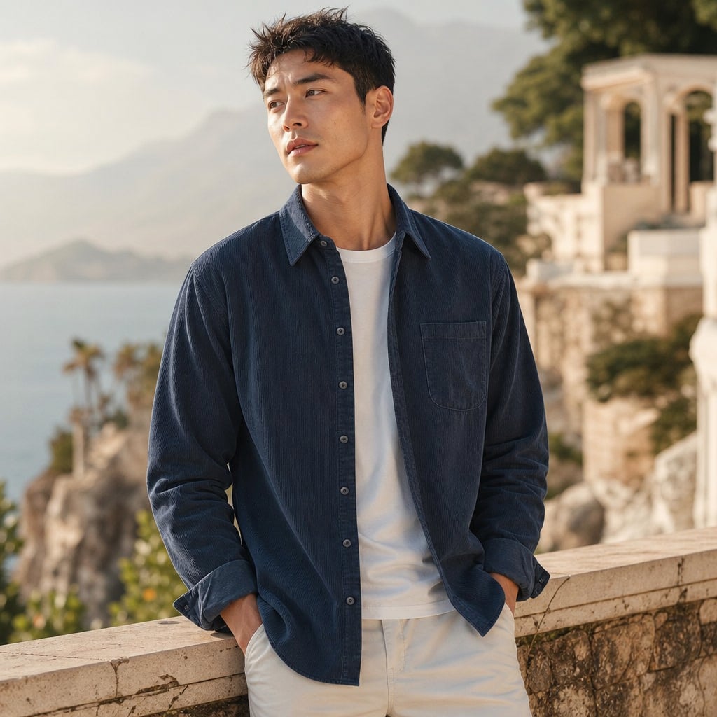 Corduroy-Style Ribbed Button-Front Shirt Long Sleeve Pointed Collar Dark Blue – Styled Editorial Shot