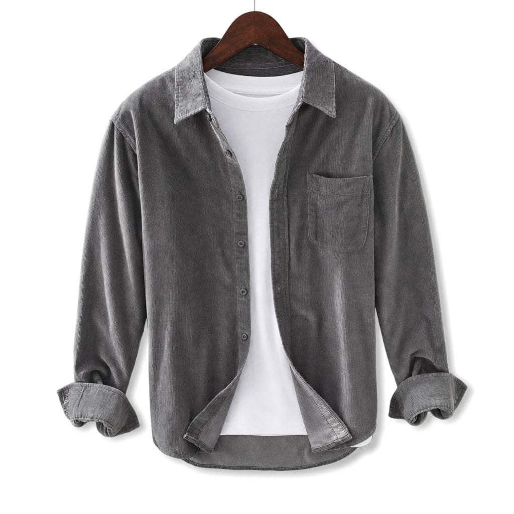Corduroy-Style Ribbed Button-Front Shirt Long Sleeve Pointed Collar Gray – Product Photo