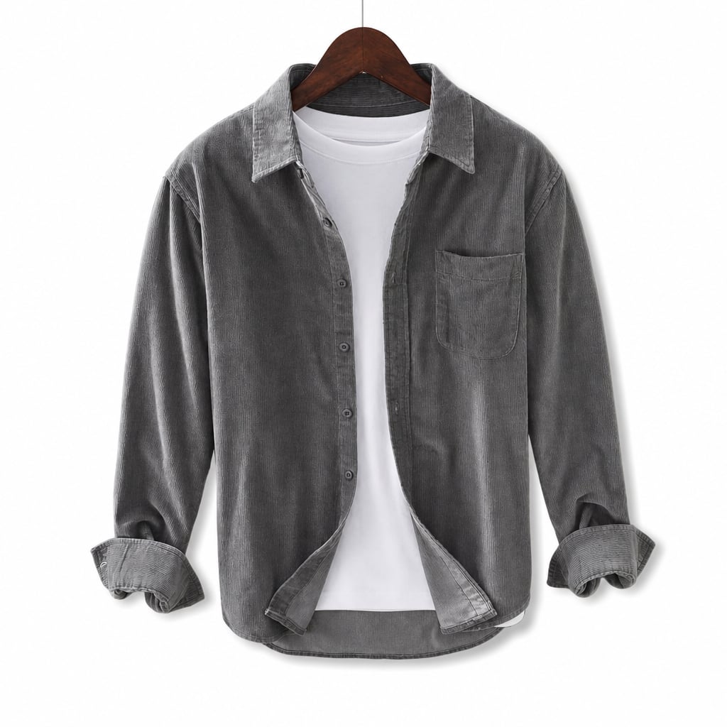 Corduroy-Style Ribbed Button-Front Shirt Long Sleeve Pointed Collar Gray – Product Photo