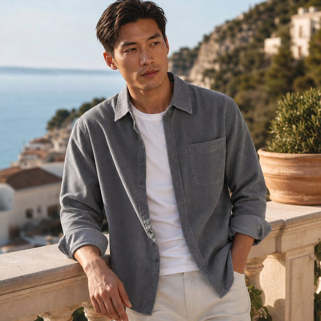 Corduroy-Style Ribbed Button-Front Shirt Long Sleeve Pointed Collar Gray – Styled Editorial Shot