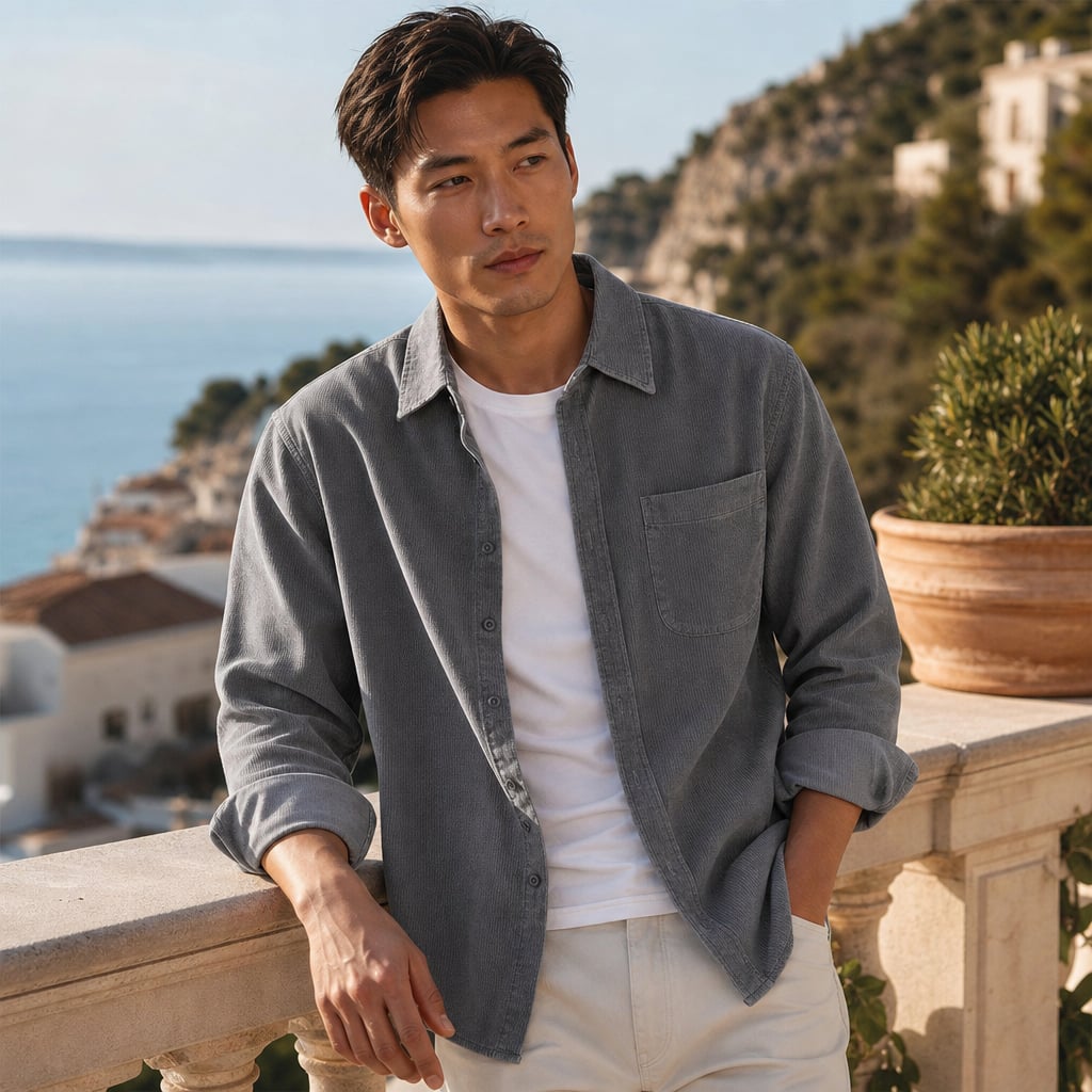 Corduroy-Style Ribbed Button-Front Shirt Long Sleeve Pointed Collar Gray – Styled Editorial Shot