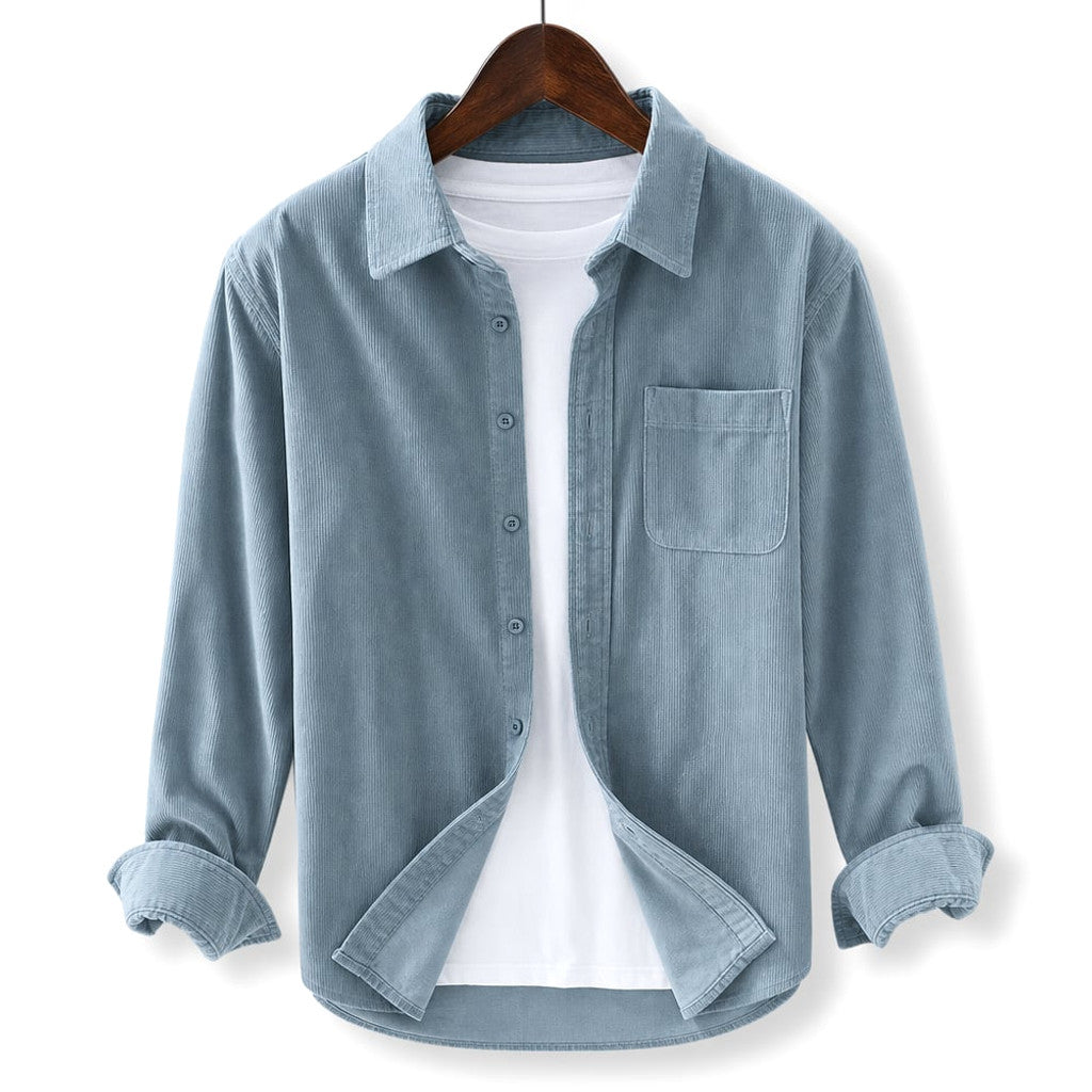 Corduroy-Style Ribbed Button-Front Shirt Long Sleeve Pointed Collar Light Blue – Product Photo