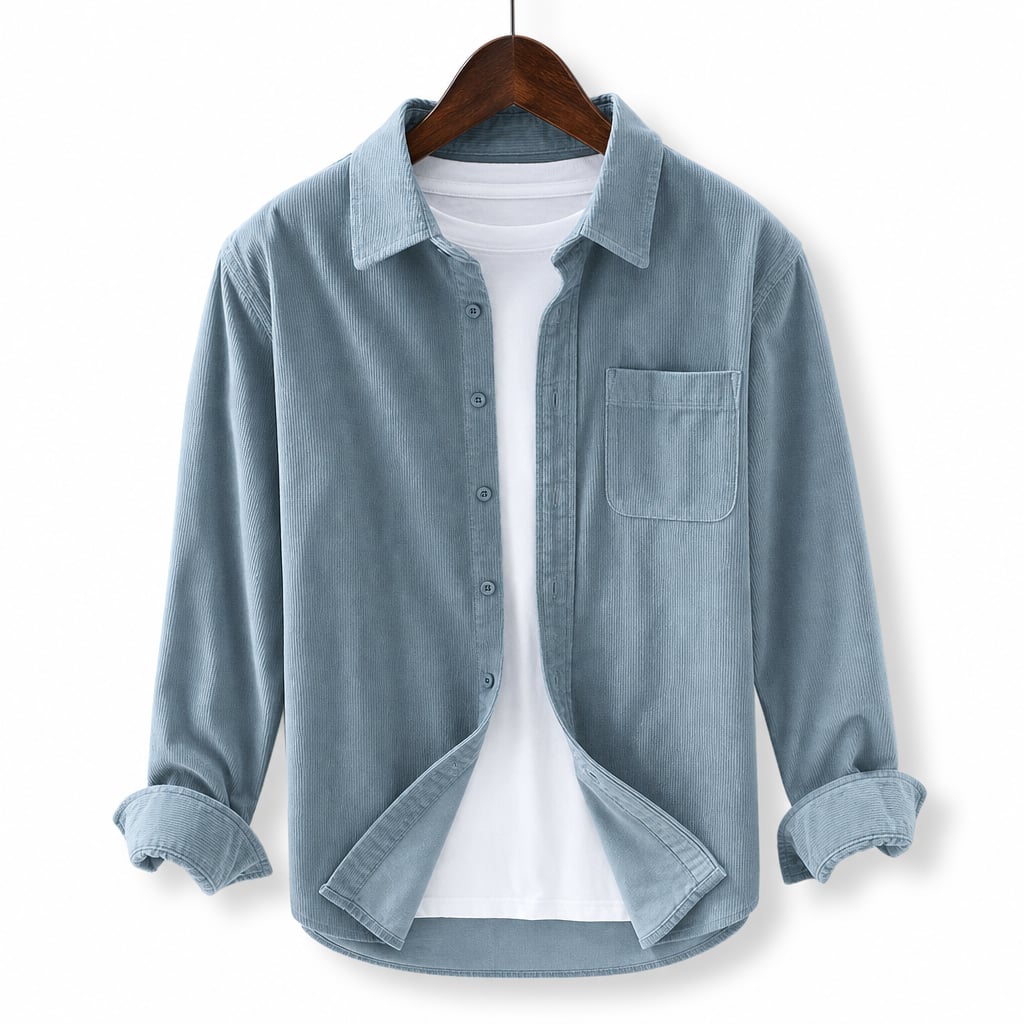 Corduroy-Style Ribbed Button-Front Shirt Long Sleeve Pointed Collar Light Blue – Product Photo