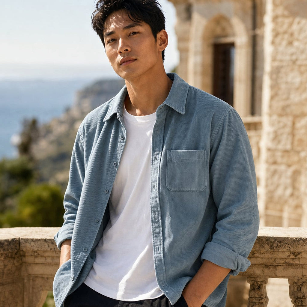 Corduroy-Style Ribbed Button-Front Shirt Long Sleeve Pointed Collar Light Blue – Styled Editorial Shot