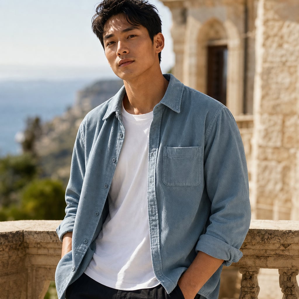 Corduroy-Style Ribbed Button-Front Shirt Long Sleeve Pointed Collar Light Blue – Styled Editorial Shot