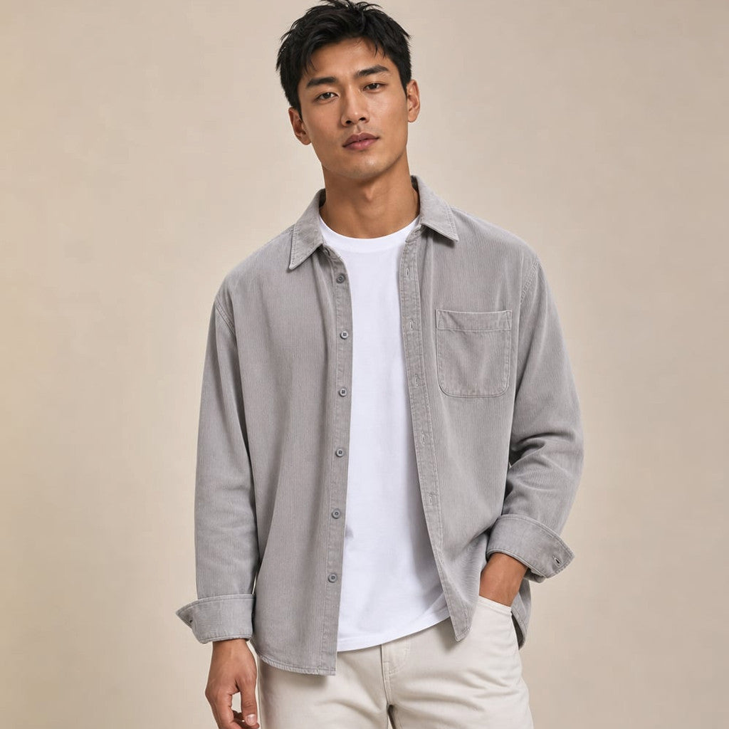 Corduroy-Style Ribbed Button-Front Shirt Long Sleeve Pointed Collar Light Gray – Side Angle View