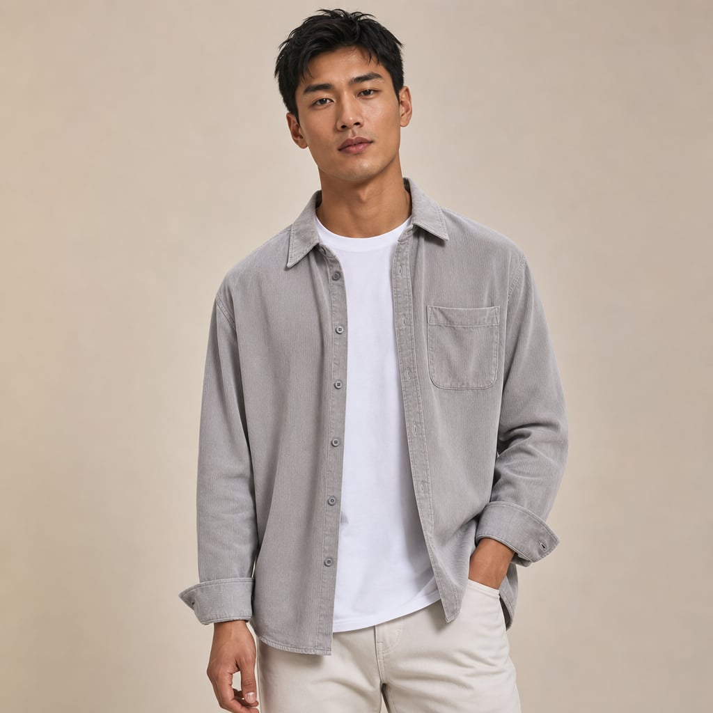 Corduroy-Style Ribbed Button-Front Shirt Long Sleeve Pointed Collar Light Gray – Side Angle View