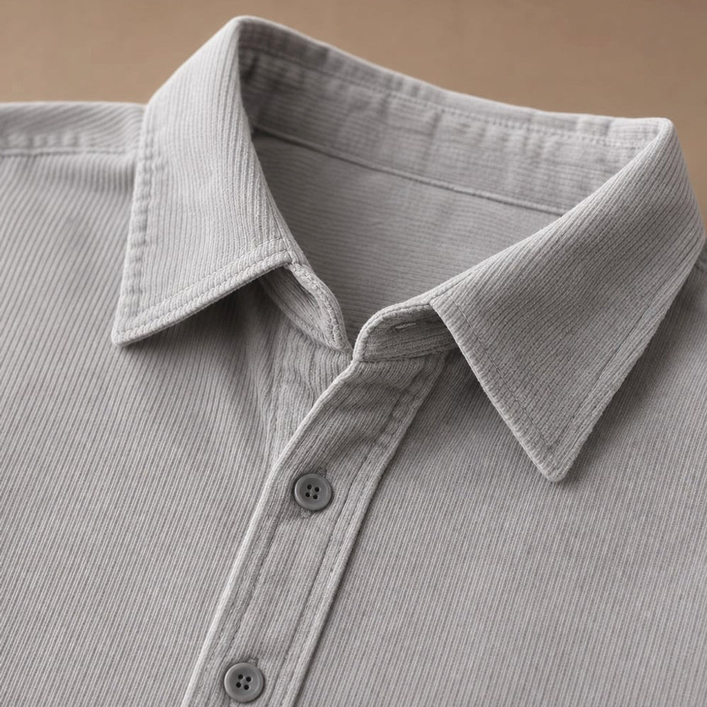 Corduroy-Style Ribbed Button-Front Shirt Long Sleeve Pointed Collar Light Gray – Fabric and Detail Close-Up