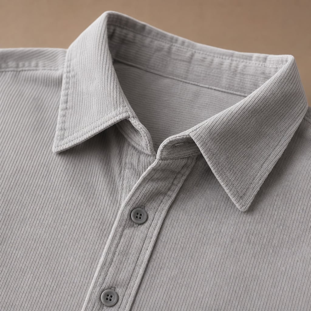 Corduroy-Style Ribbed Button-Front Shirt Long Sleeve Pointed Collar Light Gray – Fabric and Detail Close-Up