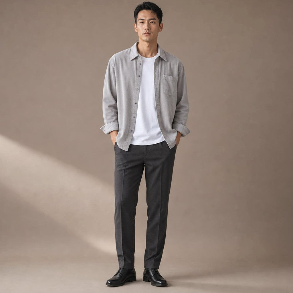 Corduroy-Style Ribbed Button-Front Shirt Long Sleeve Pointed Collar Light Gray – Full Look